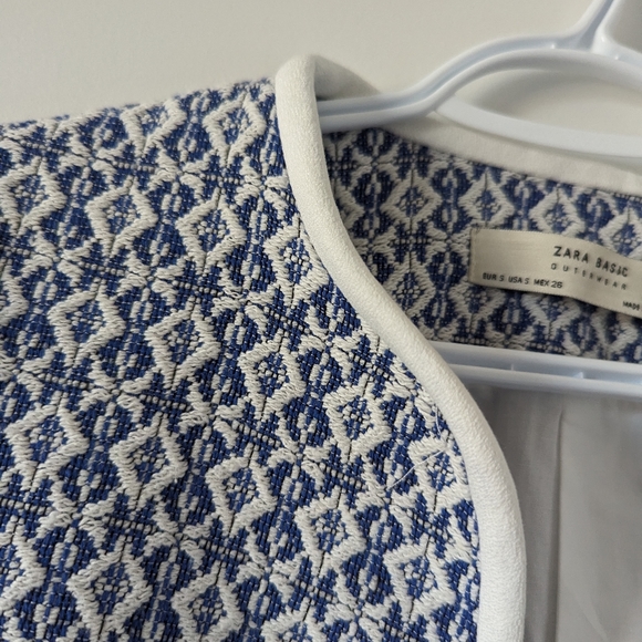ZARA Basic Women's Size S Blue and White Patterned Coat with Fringe Detail - Picture 3 of 11